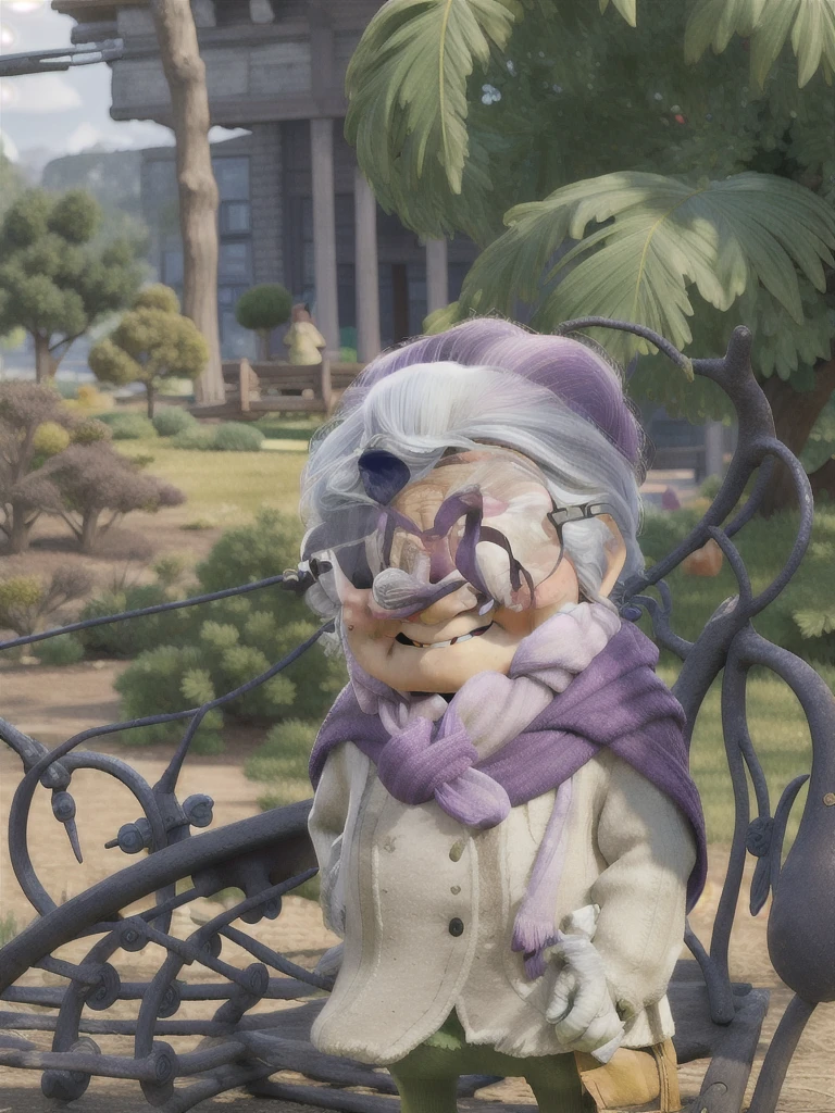masterpiece, best quality, an old woman with glasses and a scarf on, wearing a purple coat and green scarf, standing at the park