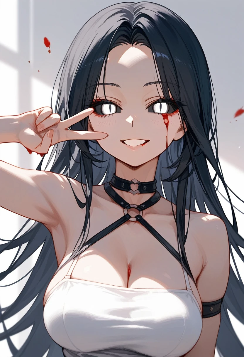 masterpiece, zoom out, score_9, score_8_up, score_7_up, portrait, 1 girl, alone, black hair, long hair, long parted bangs, white eyes, black sclera, (blood tears, small smile), evil, parted lips, expressionless, big breasts, upper body, V-neck strap basic dress, black bottom, best quality, long split bangs, Long parted bangs 