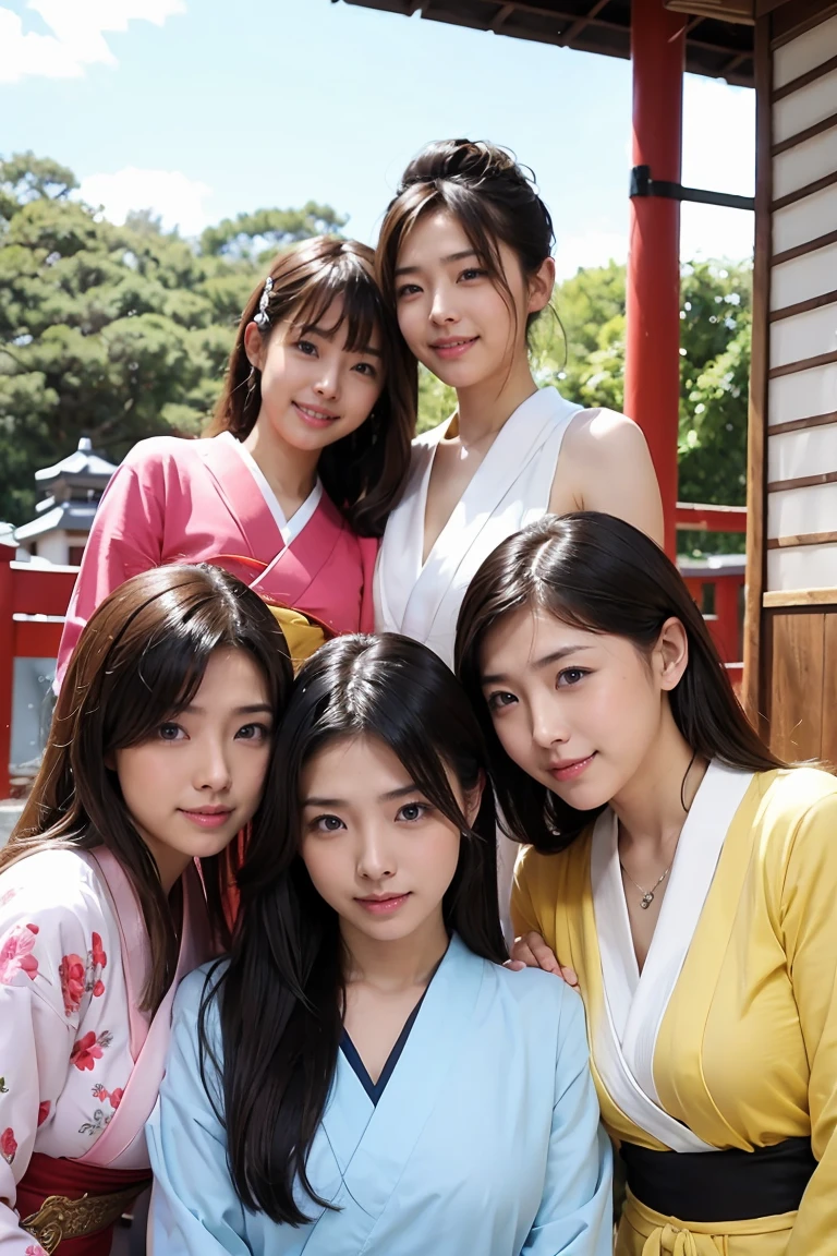 Ultra-realistic capture, Highly detailed, Skin texture must be natural, With such detail that pores can be finely identified. Skin should look healthy, In a uniform tone. Use natural light and color, masterpiece, capturing the moment a 20-year-old female college student encounters several 14-year-old clones of herself, The clones are innocently smiling, gazing at their original with curiosity and joy, while the college student looks back at them with an expression of surprise and bewilderment. None of the figures are looking at the camera. All are Japanese with black hair, The setting is inside a house, portrayed with photographic realism and illuminated by natural light, nsfw, naked