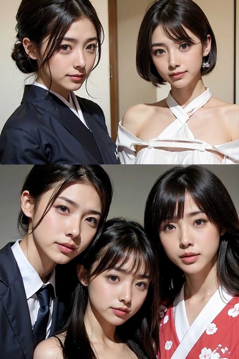 (((Group photo of the top 3 beautiful Japanese moms)))、Everyone has a different style and hairstyle, but they're all beautiful.、((They are all obscene, tall and have overly large breasts..))、Various sexual poses、They all have big breasts、Wearing a white turtleneck sleeveless knit sweater、The room was filled with the smell of stimulants.、((Everyone emphasizes their large breasts))、living room