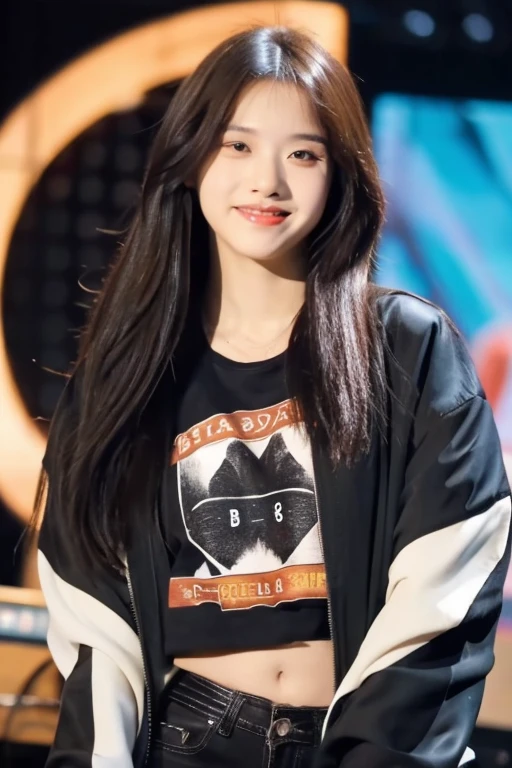 ((best quality)), ((masterpiece)), (detailed), 1girl, beautiful straight black long hair , beautiful smile ,sexy pose , standing position , rock jacket , top crop shirt , short pants , playing guitar , music studio background