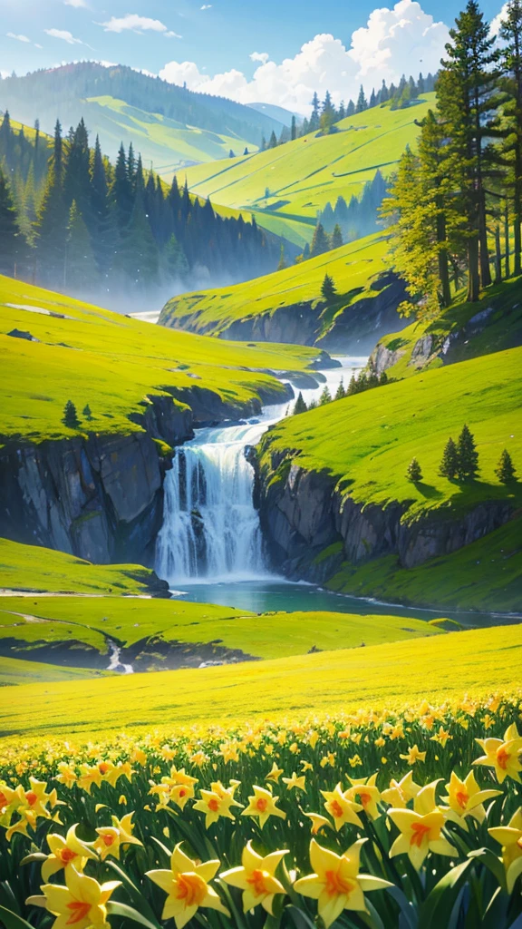 Nature landscape, spring and vibrant daffodils beautiful scene, saturated with color ,High Definition Photography, Realistic nature, HD 4K.