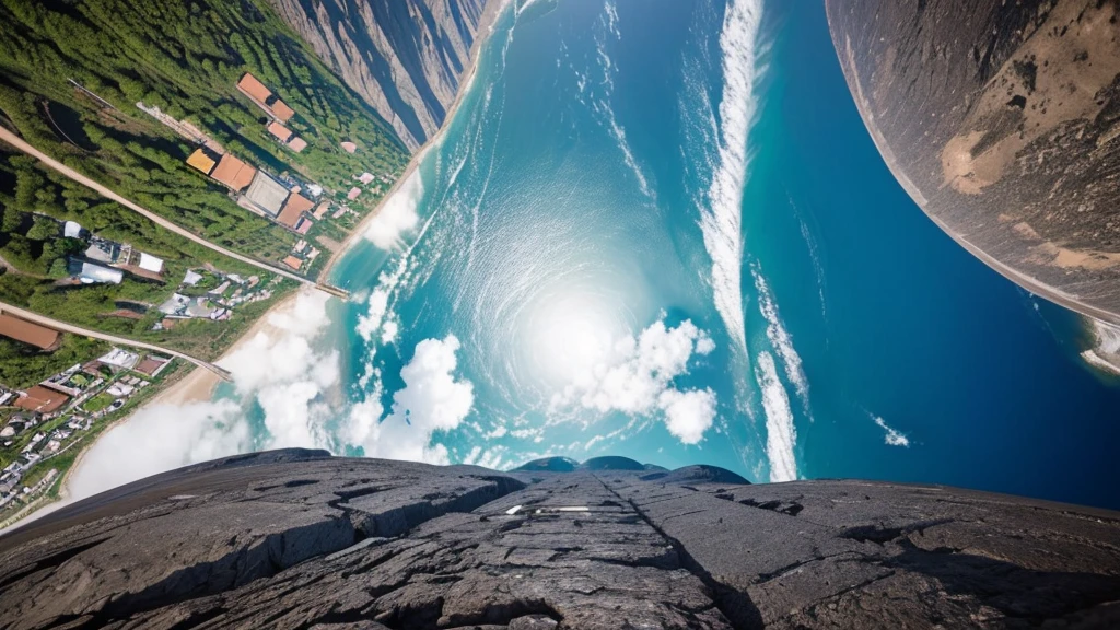 create images of the planet Thundera, both seen from below and above as if it were a drone over the location