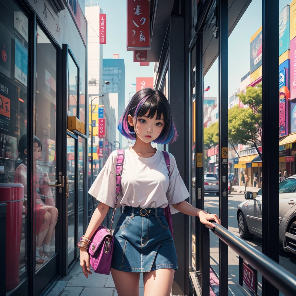 A surreal, photorealistic ilfochrome image of a playful Asian girl, captured at hip level. She is dressed in the latest Chanel fashion, wearing a vibrant mini-skirt made of colorful squares. The girl's outfit exudes a sense of whimsy, with an air of sophistication. The background is a blend of urban and nature elements, creating a dreamlike atmosphere. The overall composition showcases the girl's unique style and her connection to her urban environment.