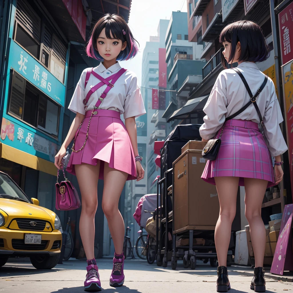A surreal, photorealistic ilfochrome image of a playful Asian girl, captured at hip level. She is dressed in the latest Chanel fashion, wearing a vibrant mini-skirt made of colorful squares. The girl's outfit exudes a sense of whimsy, with an air of sophistication. The background is a blend of urban and nature elements, creating a dreamlike atmosphere. The overall composition showcases the girl's unique style and her connection to her urban environment.