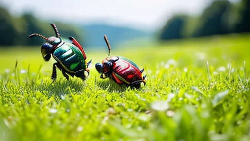 Children playing with beautiful beetles in the grassland、Children playing with beautiful beetles in the grassland、Colorful Mushiking