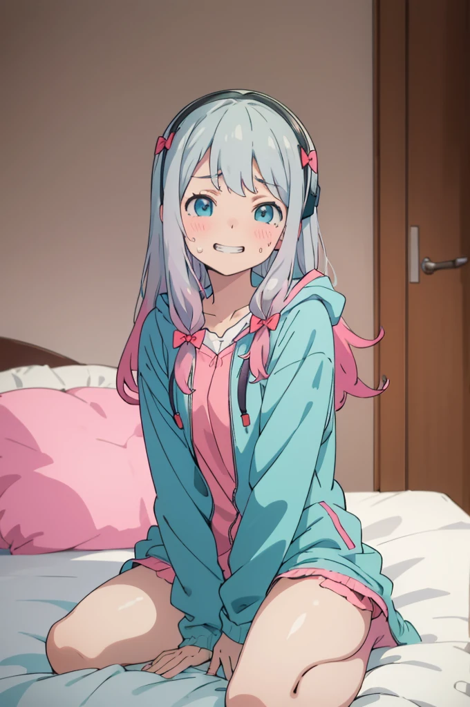 best quality, (masterpiece:1.2), highly detailed,
indoors, bedroom,
 izumi sagiri,wariza,open legs,spread legs,(panties),((streaming)),waving,
1girl, solo, sitting,  , looking at the viewer, grin,sweating
grey hair, long hair, multicolored hair, blue eyes,
green jacket, hood, headset, pink bow