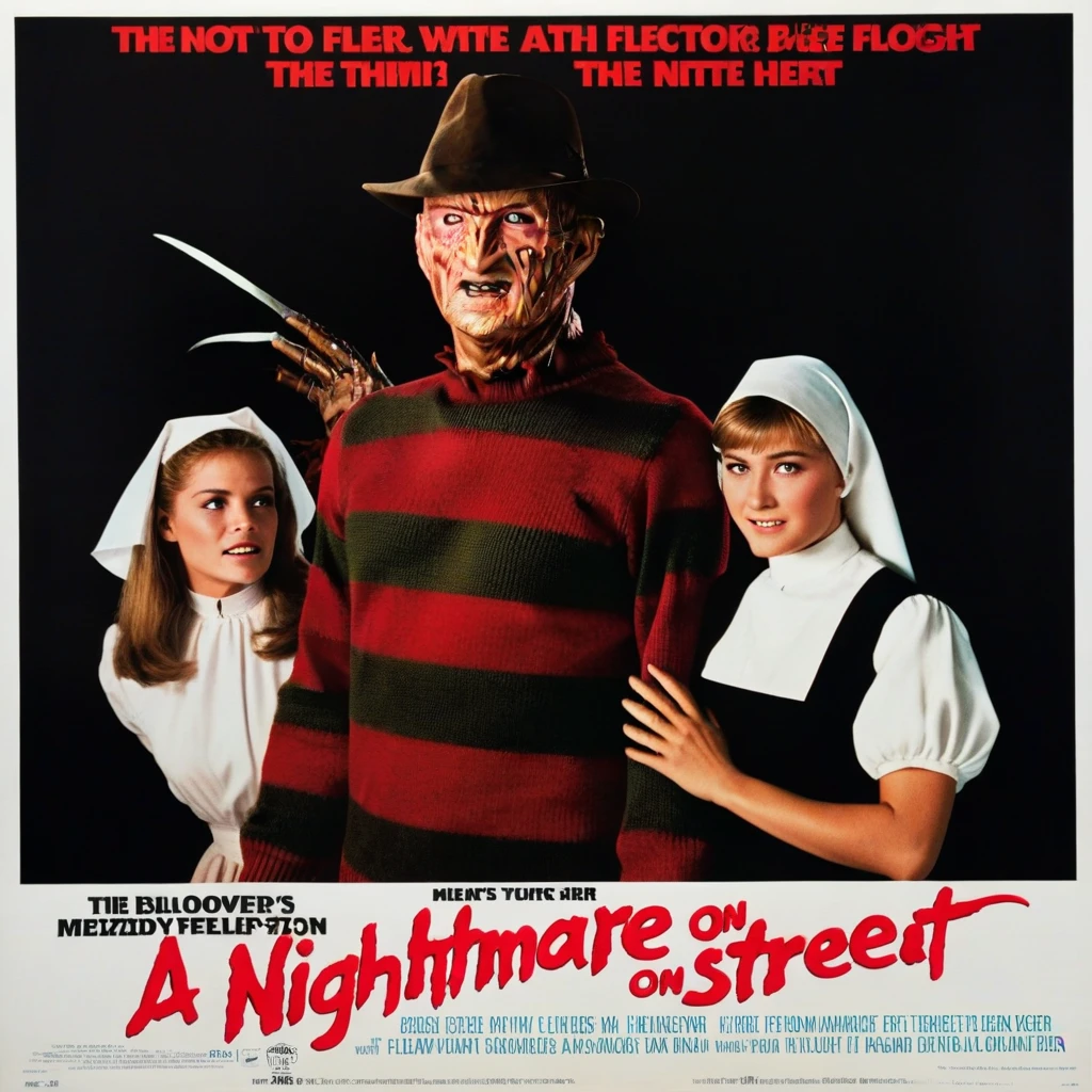 a vintage movie poster of " A nightmare on elm street" with Freddy Krueger in the middle, a white clothes NUN on the left and a blond femake teenager on the right