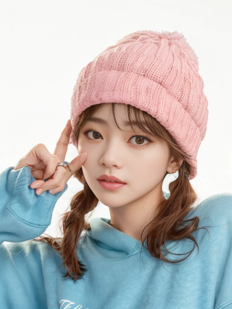 Arafed woman in a pink hat and blue sweatshirt putting her hand to her eye, wearing hat, knitted hat, wearing a hat, tzuyu of two times, beanie hat, bae suzy, with a black cap on his head, kim doyoung, cold as ice! 🧊, roseanne park by blackpink, detailed image, wearing a cute hat, detailed with high quality, Kpop idol, idol of kpop face.