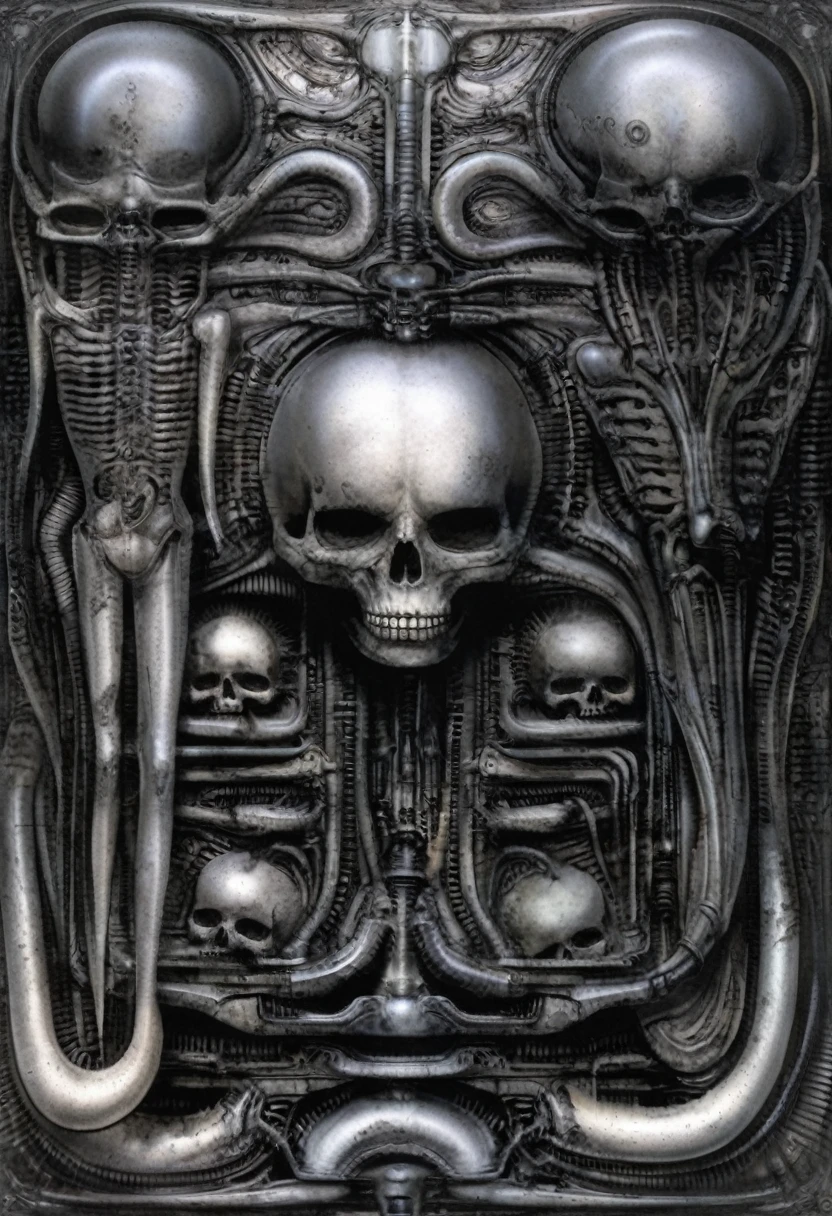 g1g3r, The image is a detailed view of H.R. Giger's \" Landscape XVI \" plate, featuring a complex network of bones and organs in a purple-brown hue ,swirling gray and brown colors. The artwork is silver and purplish brown, with an ivory bones prominently displayed. The image is highly detailed and intricate, almost like a 3d version of a medical diagram
The image is an artistic representation of a mechanical structure with pipes and gears, with a skeletal creature and a windmill blade.


The image depicts a surreal, anatomical illustration of a alien body with a skeleton inside, surrounded by a network of tubes and pipes.

biomechanical landscape by Hans Rudie Giger composed of fossilized and mummified alien life forms. Image depicts a strange and dreamlike, combines biological and mechanical ,managed  to dreamlike quality. Centralized recognizable shapes of skulls, rib cages, and spines, all intertwined with tubes and cables. These shapes suggest fossilized mummified alien life forms. Central skeletal structures and what appears to be a ribcags of ivory in the foreground are the most identifiable organic elements. The mechanical elements are evident in the wires and tubes emanating from the skeletals, as well as the smooth metallic tubes. In the background shapes are visible that could be interpreted as other fossilized or mummified alien life.
Light source from the top highlights skeletals, upper part of foreground, lower part of image is in shadow.


The piece is a tableau, most likely created with a India ink pen or pencil on paper, determined by the thin lines, shading techniques, and the texture of the paper, which is visible around the edges.
used is pen, given the shading and variations in line weight visible in the image. One have used a variety of pencils with different degrees of hardness to achieve the shading effects

The style  is clearly biomechanical. Features combination of organic and mechanical forms. Mechanical elements dominate the composition