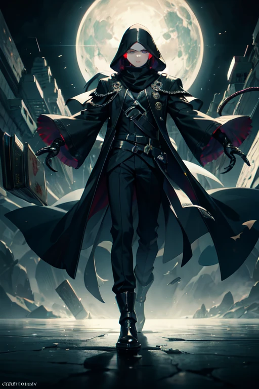 ((best quality)), ((masterpiece)), (detailed), 1 boy, full body, 23 years old, young adult, black scarf, bandage covering his mouth, eyes that glow white, 1 scratch on his right eye, pointy hood, black skin, disheveled hair, black coat that covers everything, baggy sleeves, tall, thin, ripped sleeves, white marks on his coat in a zig zag pattern, black portals, black fingers, black wristbands with white circles, black tentacles coming out of his coat, warlock, brooch with an eye symbol on his coat, claws, black baggy pants, black boots, floating, floating books, darkness, night city background, anime, anime