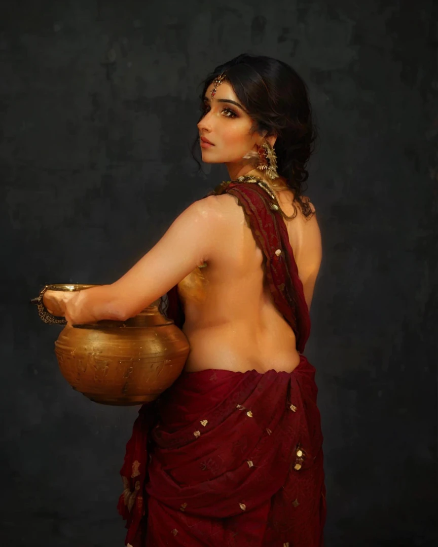 a close up of a woman in a sari holding a pot, traditional beauty, indian, dressed in a sari, inspired by Raja Ravi Varma, wearing greek palla, back pose, showing her shoulder from back, backview, sari, traditional photography, indian goddess, wearing a sari, wearing a steampunk sari, from side, provocative indian, indian style