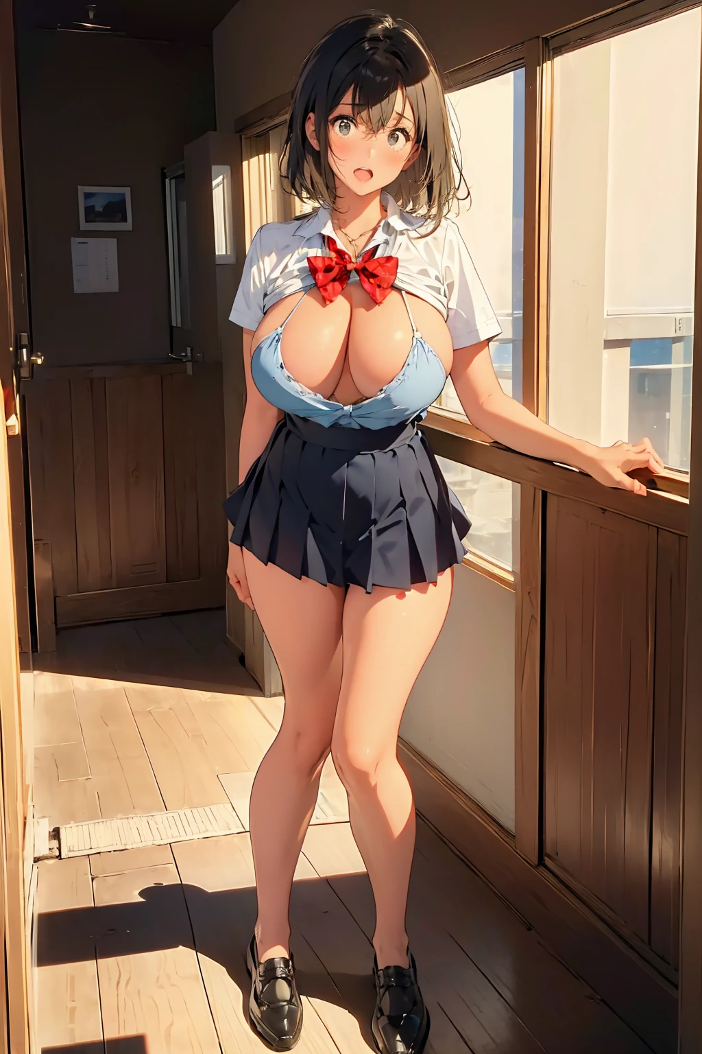 (masterpiece:1.6),(best quality:1.6), (ultra high res1.2),perfect proportion,(dark hair:1), ( black hair:1), (black eyes:1.1),(beautiful Busty breasts:1.5), cleavage, (beautiful girl:1.4),White beautiful skin, Realistic skin texture, a girl,(medium bob hair:1.2),a sexy mole around the mouth,open mouth,(aroused:1.3), (embarrassed:1.3), (beige V Neck Sweater:1.1),(school uniform1), White y-shirt, open shirt:0.3, ,a red Checked bow tie, (full body shot:1.3), (Looking up),