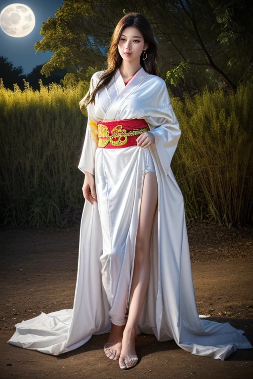 (a gorgeous japanese lady, age 18, wearing a silk white kimono, dreaming in a moss garden, soft natural moonlight shines on her slender figure with fair skin, realistic detailed face features, eyes, aegyo dimple, lips, Snaggle-tooth, ears, hair, hands, feet and body, beautifully posed to highlight her figure, ample round bosom, irresistible charisma,(best quality,8k,highres,masterpiece:1.2),ultra-detailed,(realistic,photorealistic,photo-realistic:1.37),HDR,UHD,vivid colors,studio lighting,extremely detailed,professional,bokeh night background)