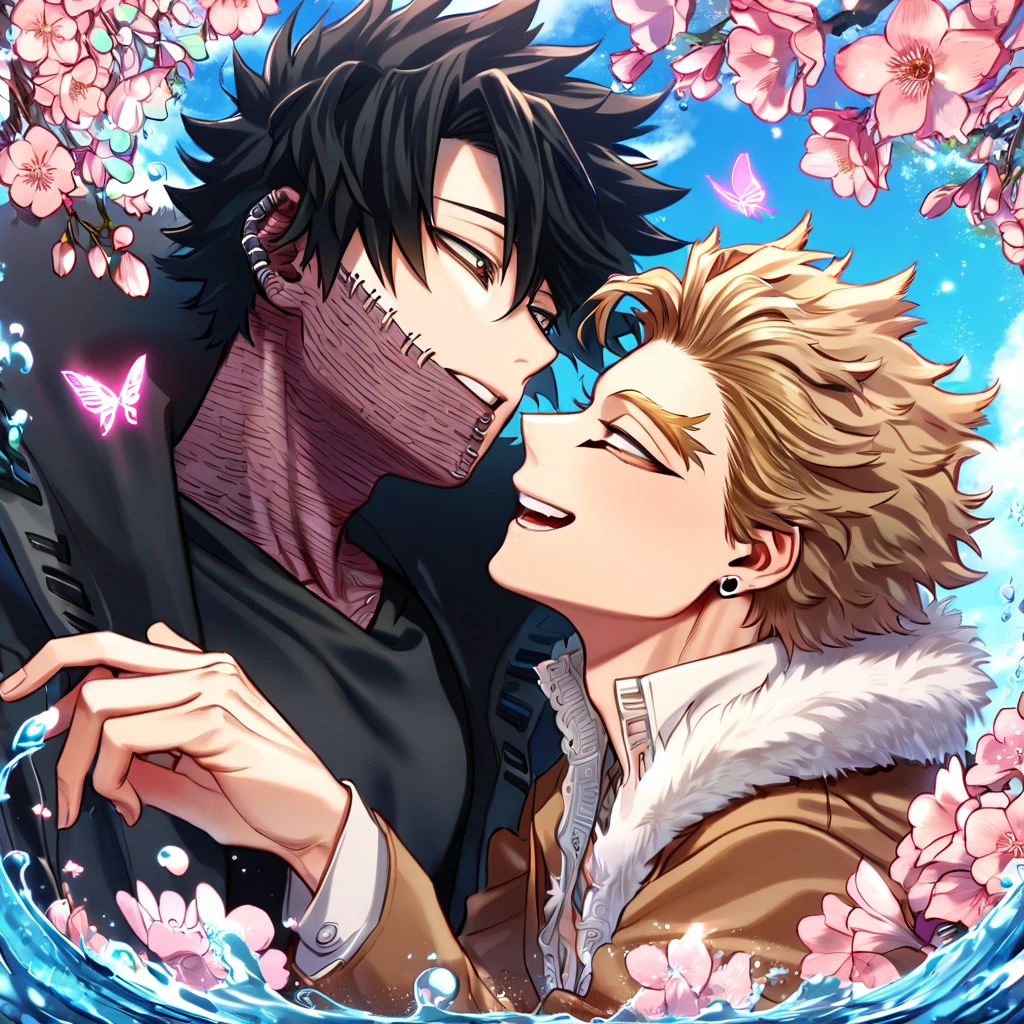 absurdres, highres, ultra detailed, HDR, master piece, best quality, extremely detailed face, delicated features, Hawks, ash blond hair, expressive brown eyes, Boku No Hero Academia, Dabi, black hair, expressive turquoise eyes, two sexy men together, yaoi, gay couple, handsome, brown jacket with fur, black tight shirt, black coat, water, blossoms, pink flowers, pink butterflies, fantasy, magic, radiant