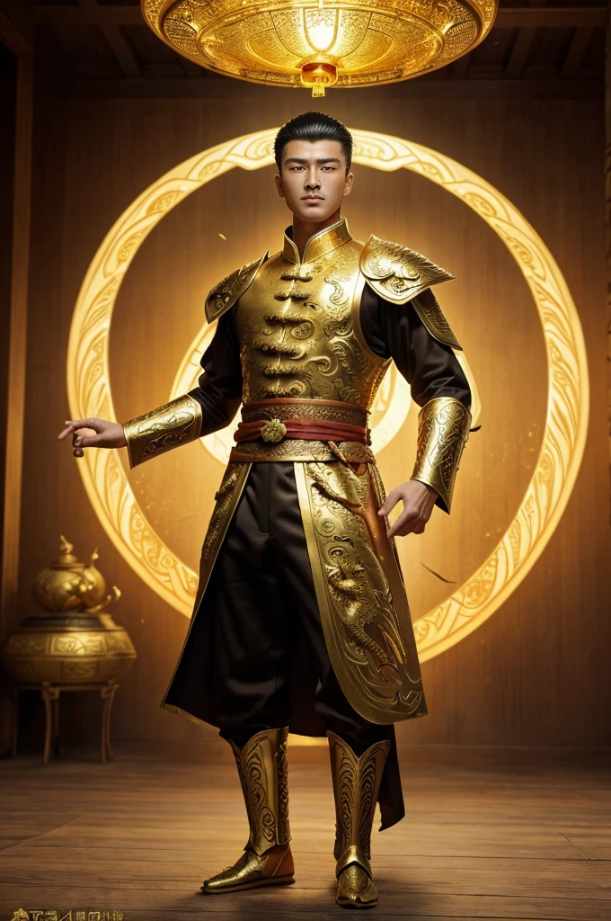((masterpiece)) ((8k Quality)), Chinese fantasy novel zhetian true dragon great emperor1, handsome young men, perfect face (chin,slim nose, golden eyes), in golden Taoist costume, majestic tall, behind him a large big vast golden dragon majestic, golden rays of dao covering his feets