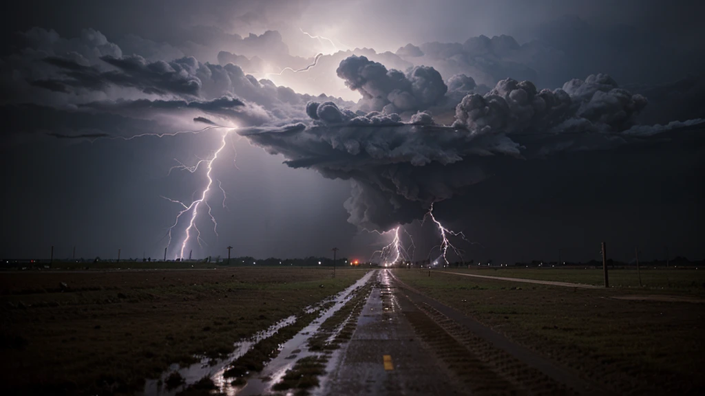 Movie scene, like a mud road and a tornado destroying everything, with lots of lightning and a very strong wind