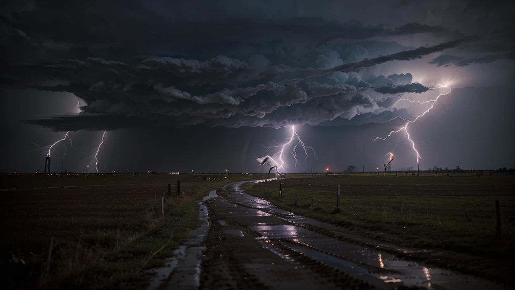 Movie scene, like a mud road and a tornado destroying everything, with lots of lightning and a very strong wind