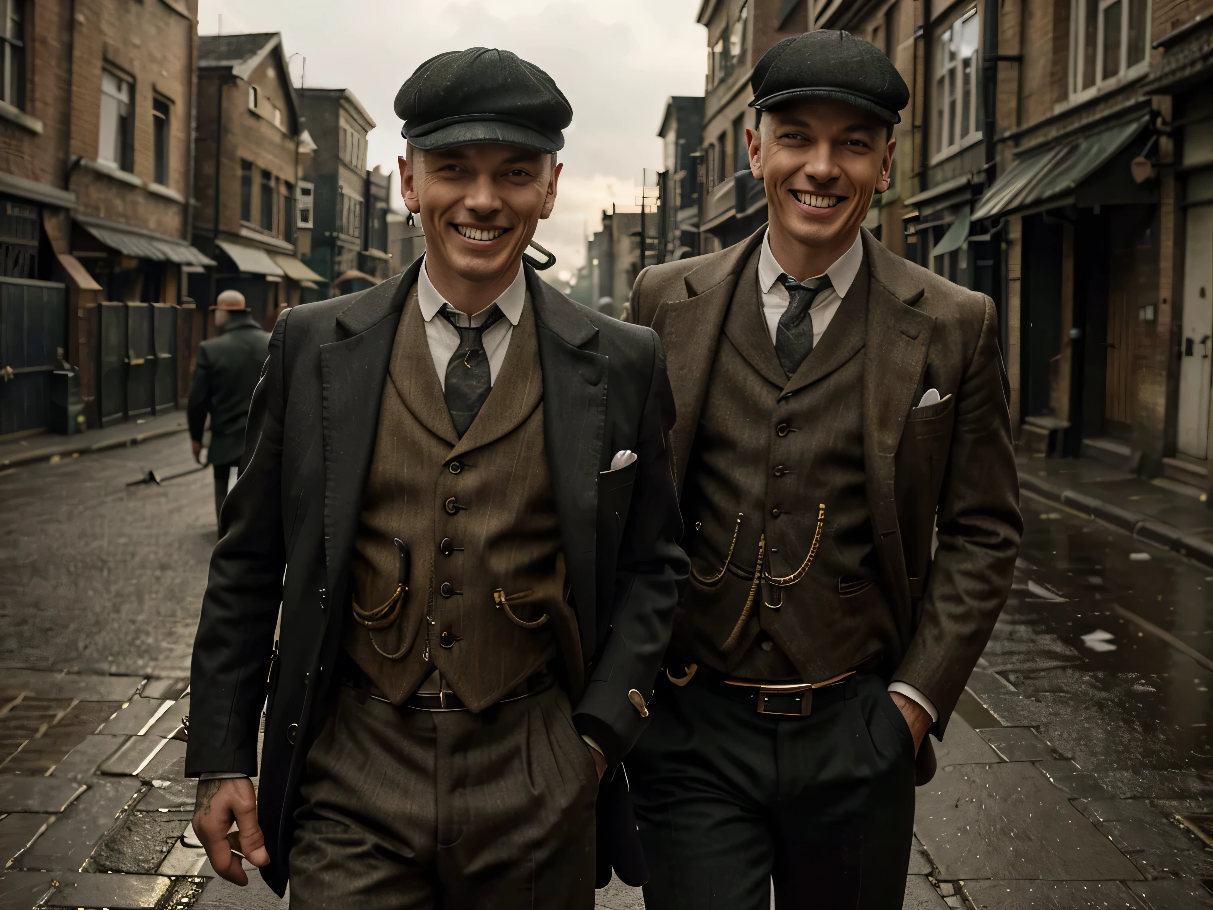 photo of (TCr3ws:1), a man as a Peaky blinder, (laughing with bare teeth:1.3), (face focus), modelshoot style, (extremely detailed CG unity 8k wallpaper), Intricate, High Detail, Sharp focus, dramatic, photorealistic painting art by midjourney and greg rutkowski , (walking on the slums of London), (wearing a peaked cap:1.1), (detailed pupils:1.2), (dinamic pose:1.2), (Peaky Blinders:1.2), (holstered gun), (hands on hips:1.2), (closeup:1.1)