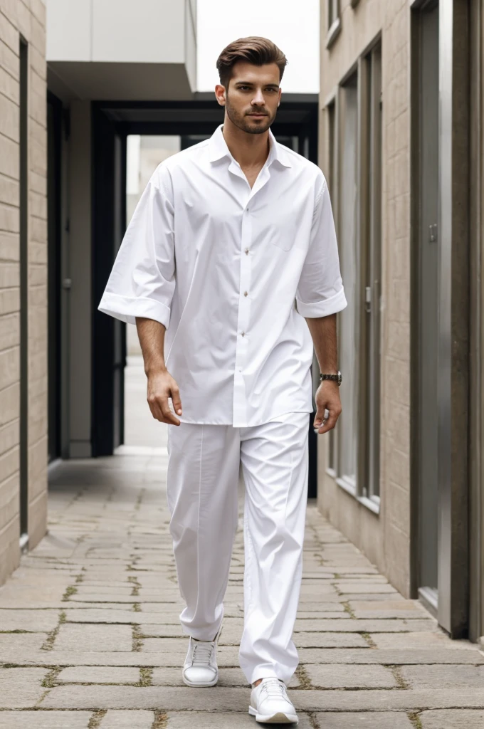 ((best quality)), ((masterpiece)), (detailed), perfect face woman dressed in white walking holding a man