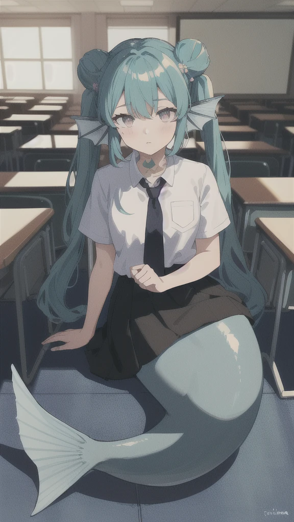 ((best quality)), ((highly detailed)), absurdres, (detailed eyes).1girl,20 years old,solo,long hair,light blue hair,finana,twintails,double bun,(white shirt,short sleeves,black standart tie,black skirt),full body, classroom,mermaid, fins,sitting on floor