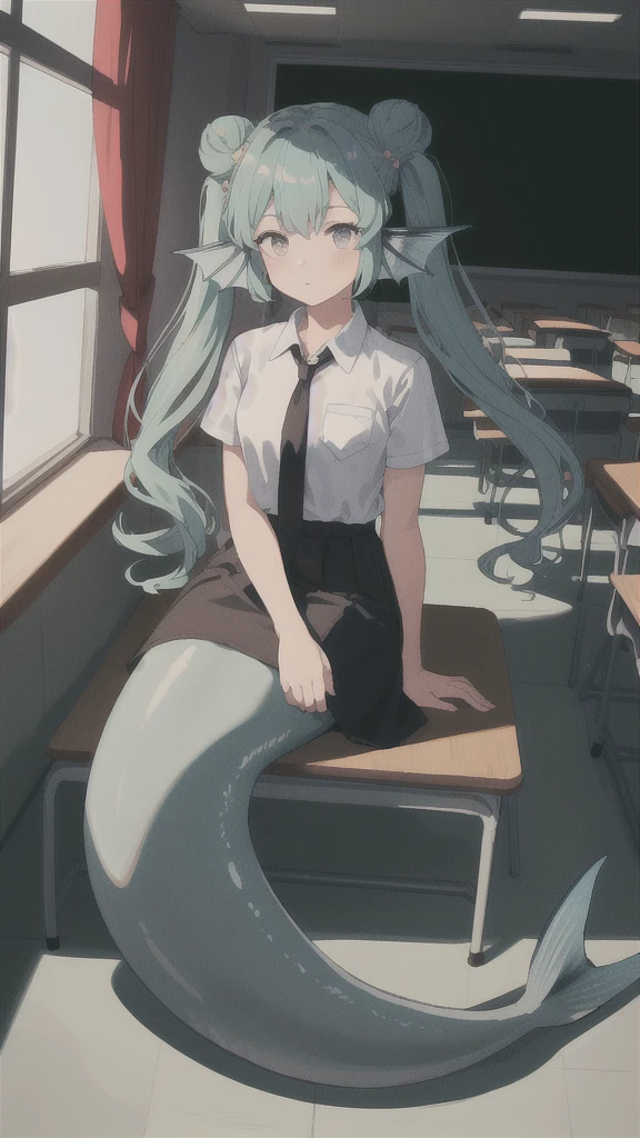 ((best quality)), ((highly detailed)), absurdres, (detailed eyes).1girl,20 years old,solo,long hair,light blue hair,finana,twintails,double bun,(white shirt,short sleeves,black standart tie,black skirt),full body, classroom,mermaid, fins,sitting on floor