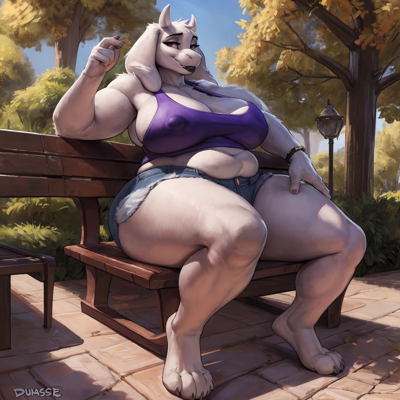 by darkgem, by duase, by kevinsano, solo, 1girl, toriel, maroon eyes, female, older woman, furry body, chubby, heavyset, broad shoulders, wide body, wide hips, thick thighs, big arms, heavy breasts, nipple outline, highly detailed eye, (black pupil:1.3), milf, tank top, bare midriff, cleavage, large areolae, denim cutoffs, bare midriff, visible thong straps, Masterpiece, best quality, absurd res, highly detailed, cleanly drawn eyes, park environment, park bench, cute smile, black lipstick, seated, casual posture,