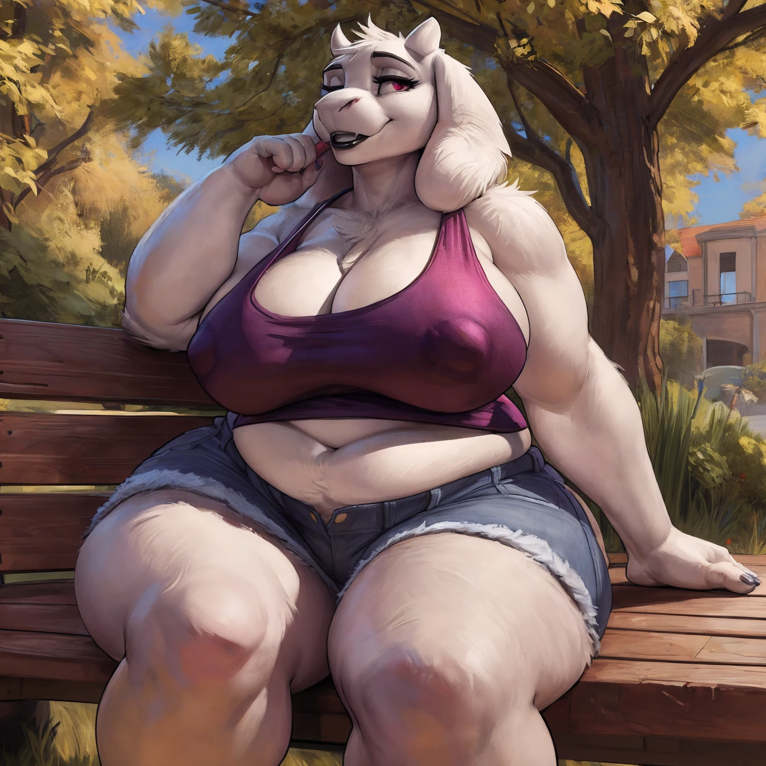 by darkgem, by duase, by kevinsano, solo, 1girl, toriel, maroon eyes, female, older woman, furry body, chubby, heavyset, broad shoulders, wide body, wide hips, thick thighs, big arms, heavy breasts, nipple outline, highly detailed eye, (black pupil:1.3), milf, tank top, bare midriff, cleavage, large areolae, denim cutoffs, bare midriff, visible thong straps, Masterpiece, best quality, absurd res, highly detailed, cleanly drawn eyes, park environment, park bench, cute smile, black lipstick, seated, casual posture, 