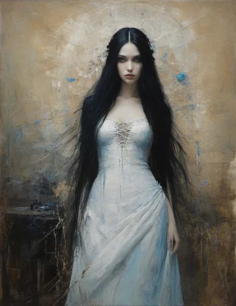 James Gurney, Surrealist art , dream-like, Mysterious, Provocative, symbolic, Complex, detailed,, (Gothic but very beautiful:1.4), (masterpiece, highest quality:1.4) , Nicola Samori Style, girl with long black hair, white dress, blue eyes