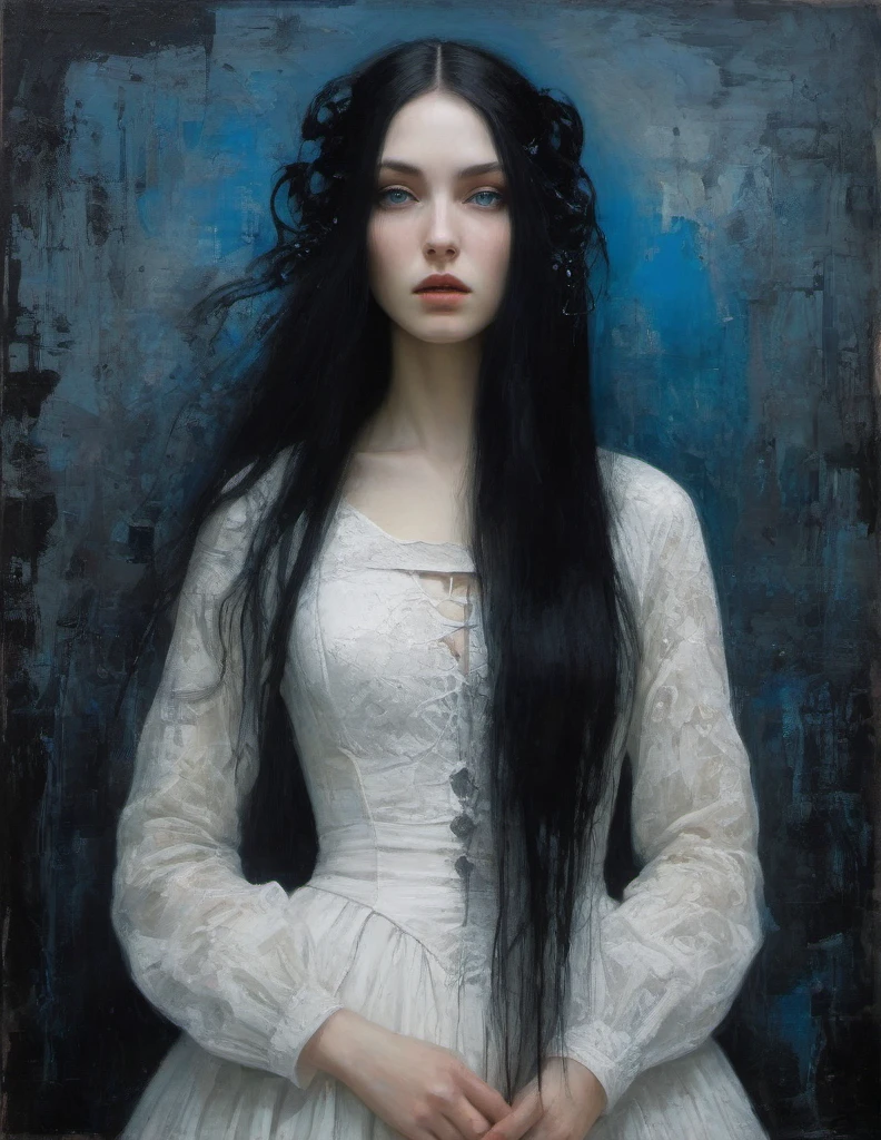 James Gurney, Surrealist art , dream-like, Mysterious, Provocative, symbolic, Complex, detailed,, (Gothic but very beautiful:1.4), (masterpiece, highest quality:1.4) , Nicola Samori Style, girl with long black hair, white dress, blue eyes