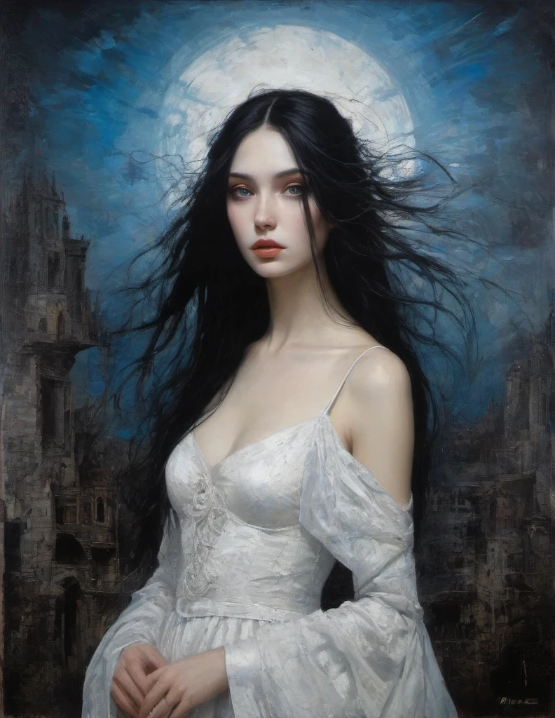 James Gurney, Surrealist art , dream-like, Mysterious, Provocative, symbolic, Complex, detailed,, (Gothic but very beautiful:1.4), (masterpiece, highest quality:1.4) , Nicola Samori Style, girl with long black hair, white dress, blue eyes