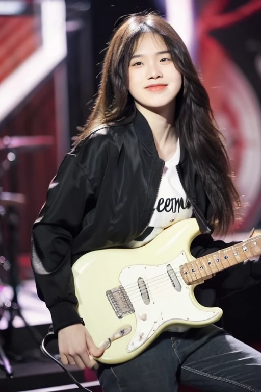 ((best quality)), ((masterpiece)), (detailed), 1girl, beautiful straight black long hair , beautiful smile ,sexy pose , standing position , rock jacket , top crop shirt , short pants , playing guitar , music studio background