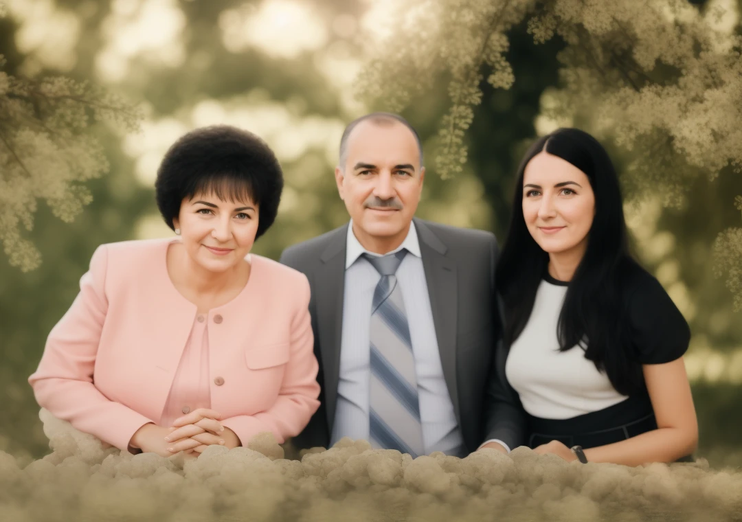 There is a group of people, who pose for photography, Happy family, family photo, a family portrait, High Quality Portrait, NFT Portrait, artem, maia sandu hyperrealistic, color portrait, Complex background, photo portrait, profile pic, inspired by Isidor Křnjávi, digital illustration art, 8K)), digital illustration art