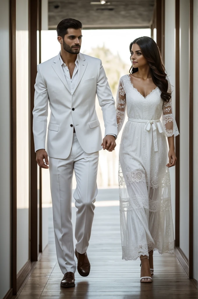 ((best quality)), ((masterpiece)), (detailed), perfect face woman dressed in white walking accompanied by a man