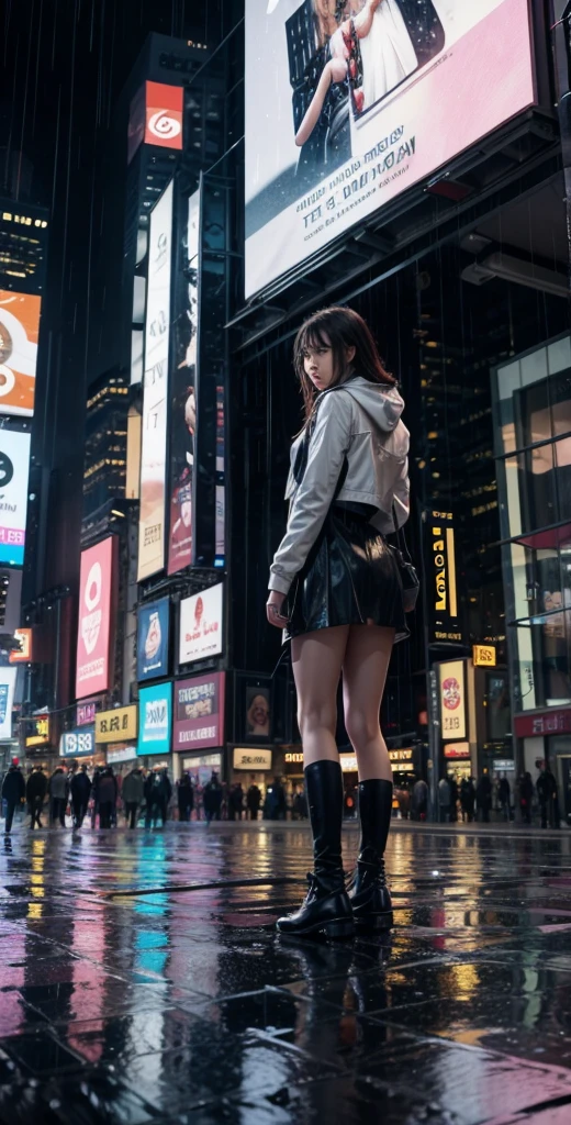 Time square, ultra realistic, hard rain, people