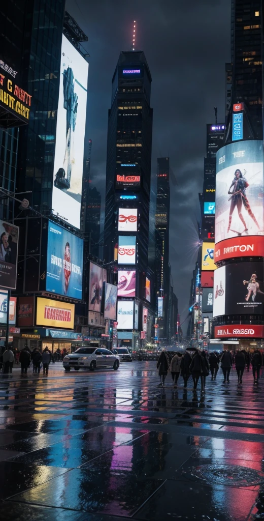 Time square, ultra realistic, hard rain, people 