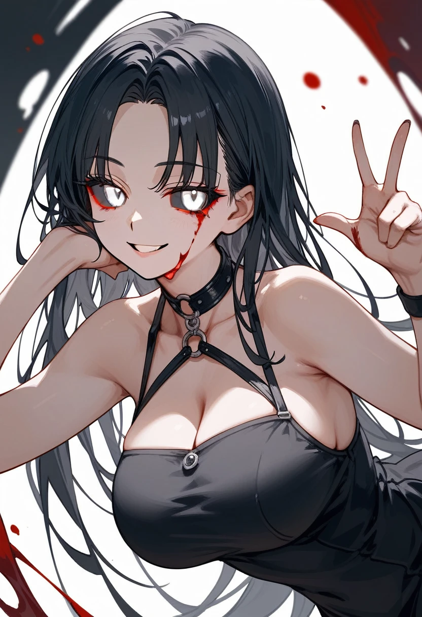 masterpiece, zoom out, score_9, score_8_up, score_7_up, portrait, 1 girl, alone, black hair, long hair, long parted bangs, white eyes, black sclera, (blood tears, small smile), evil, parted lips, expressionless, big breasts, upper body, V-neck strap basic dress, black bottom, best quality, long split bangs, Long parted bangs 