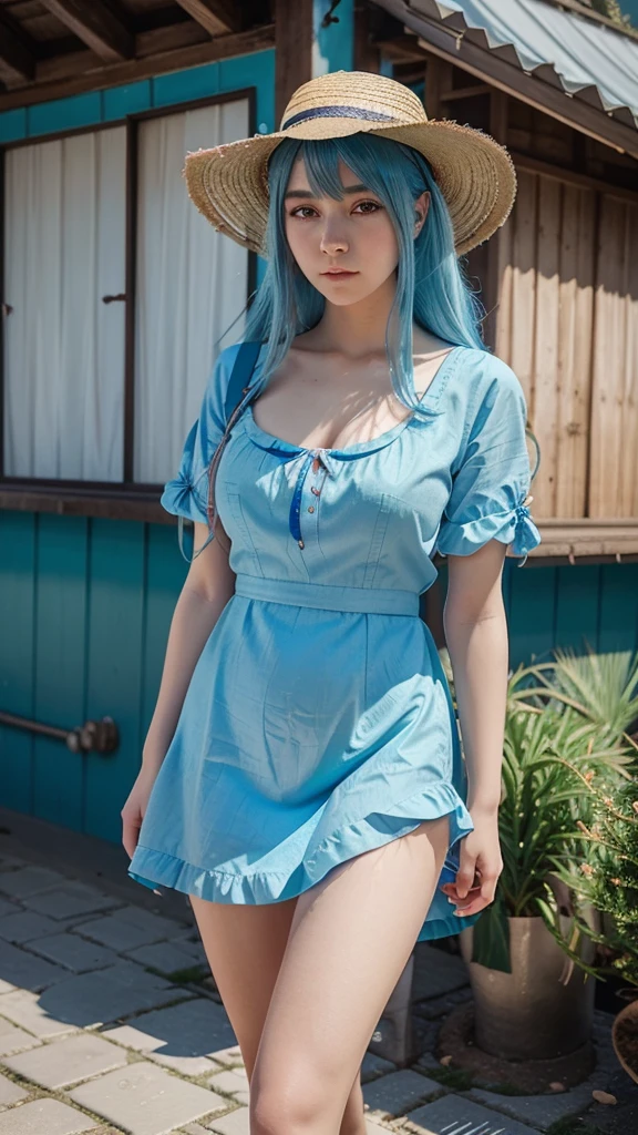 anime girl with blue hair wearing a straw hat and a blue dress, artwork in the style of guweiz, beautiful animated portrait, guweiz, beautiful anime girl, beautiful animated style, anime girl with teal hair, animated style. 8k, in bowater art style, beautiful digital illustration, beautiful character painting, awesome anime face portrait