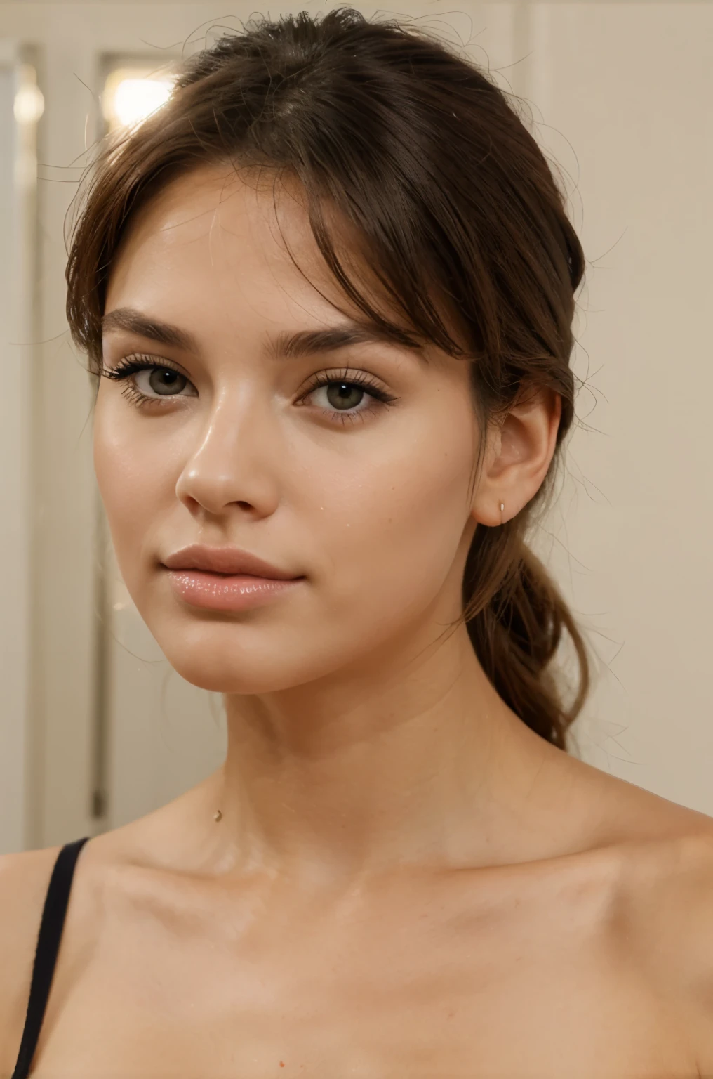 arafed femme avec un haut de soutien-gorge noir et un soutien-gorge noir, Portrait de Sophie Mudd, finely visage parfait et détaillé, Beau visage délicat, visage impeccable et détaillé, beau visage et peau impeccable, visage détaillé et parfait, beau visage bien rond, visage parfait et détaillé, joli visage délicat, visage détaillé parfait, maquillage subtil, beaux traits fins du visage, Femme à la peau de porcelaine, voir son corps