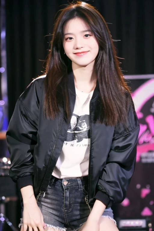 ((best quality)), ((masterpiece)), (detailed), 1girl, beautiful straight black long hair , beautiful smile ,sexy pose , standing position , rock jacket , top crop shirt , short pants , playing guitar , music studio background