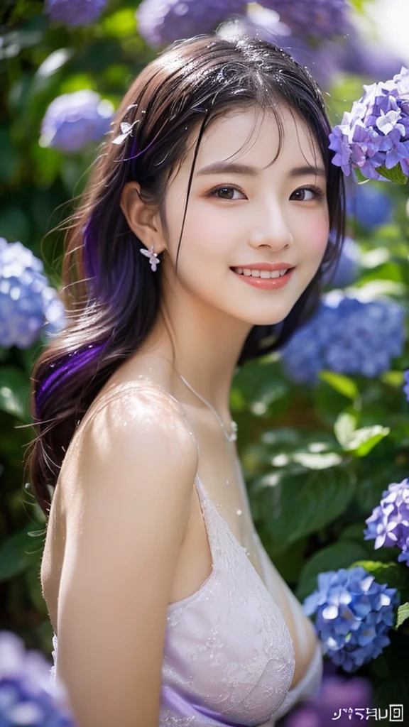 (masterpiece, best quality, ultra detailed, detailed face, 8k:1.3), (a beautiful girl, delicate girl, 22-year-old:1.3), (detailed face, delicate face:1.2), 
BREAK Mystical Guardian, standing amidst the hydrangeas, her gaze fixed in the distance, a serene expression on her face, her flowing locks gently swaying in the breeze, adorned in an elegant, flowing purple silk gown, 
BREAK Capturing the essence of the Ethereal Hydrangea Spirit, set in a lush Hydrangea Field, surrounded by blooming hydrangeas, glistening dewdrops, and a gentle mist rising in the background, sky after rain
BREAK The scene is bathed in the mystical light of morning, captured with a soft focus lens, a vignette border, a warm filter to enhance the purple hues, and high exposure to illuminate her presence, 
BREAK (elf, pointy ears, beautiful purple transparent silk gown, violet hair, violet eyes:1.2), (corolla of hydrangeas:1.1), (fantastical, mystical, elegant:1.2), 
BREAK (large breasts:1.2), (long hair, wavy hair:1.2), (wet hair, wet body, wet clothes:1.2), (standing:1.1), (smiling:1.1)
