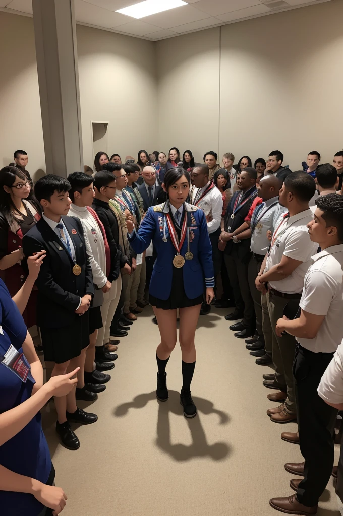 A room full of people in a circle with a student holding a medal with the battle cry "everyone must maintain respect and have a good thing to do
