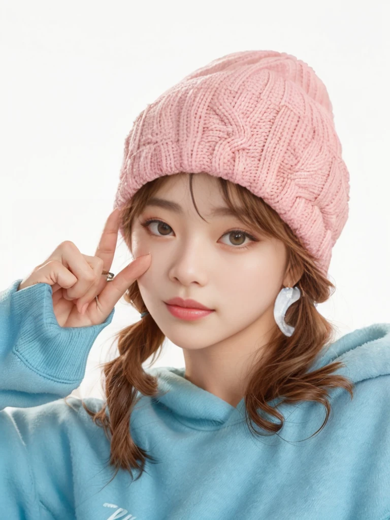 Arafed woman in a pink hat and blue sweatshirt putting her hand to her eye, wearing hat, knitted hat, wearing a hat, tzuyu of two times, beanie hat, bae suzy, with a black cap on his head, kim doyoung, cold as ice! 🧊, roseanne park by blackpink, detailed image, wearing a cute hat, detailed with high quality, Kpop idole, Kpop idol, Kpop idol face.