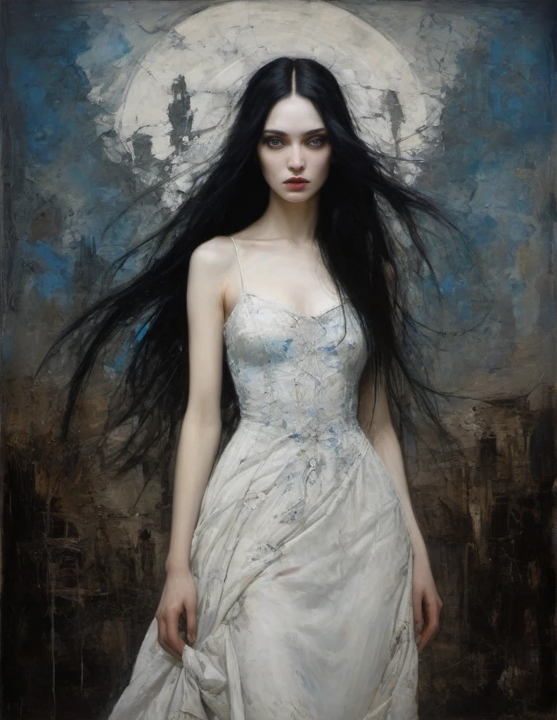 James Gurney, Surrealist art , dream-like, Mysterious, Provocative, symbolic, Complex, detailed,, (Gothic but very beautiful:1.4), (masterpiece, highest quality:1.4) , Nicola Samori Style, girl with long black hair, white dress, blue eyes