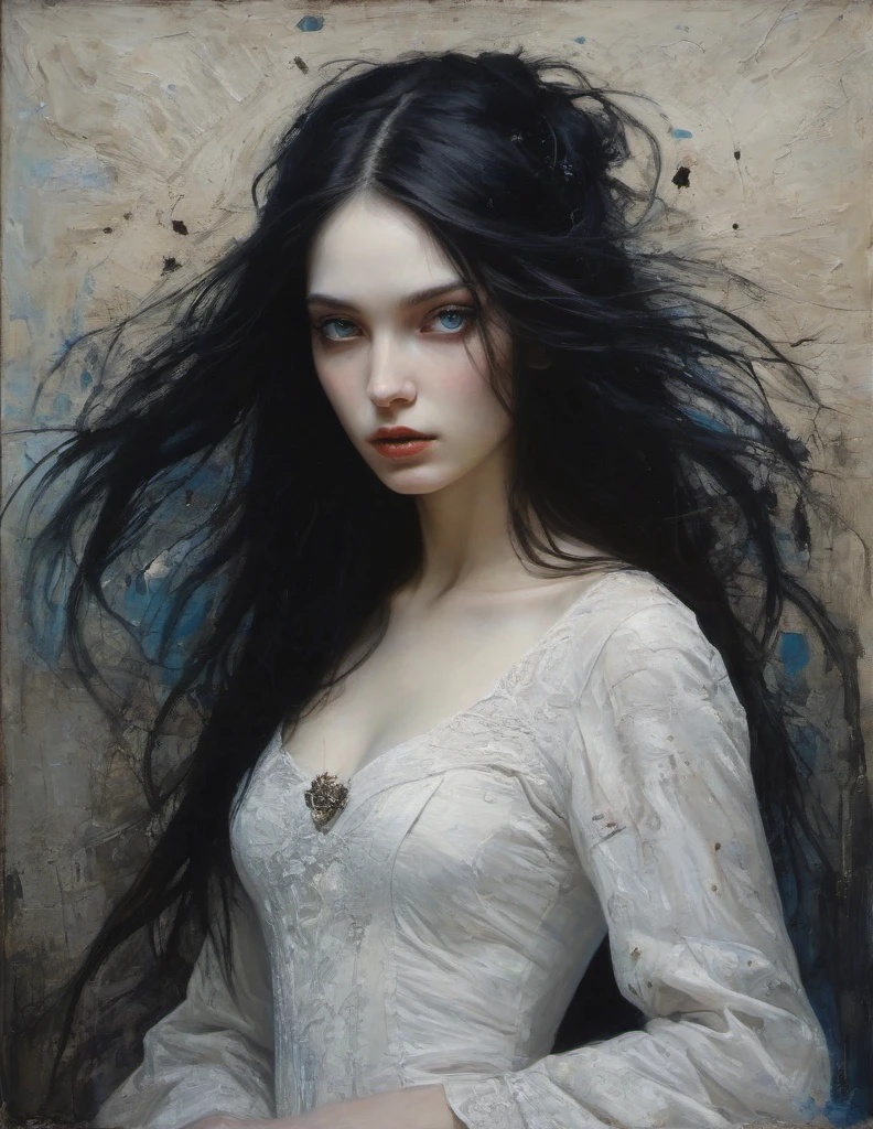 James Gurney, Surrealist art , dream-like, Mysterious, Provocative, symbolic, Complex, detailed,, (Gothic but very beautiful:1.4), (masterpiece, highest quality:1.4) , Nicola Samori Style, girl with long black hair, white dress, blue eyes