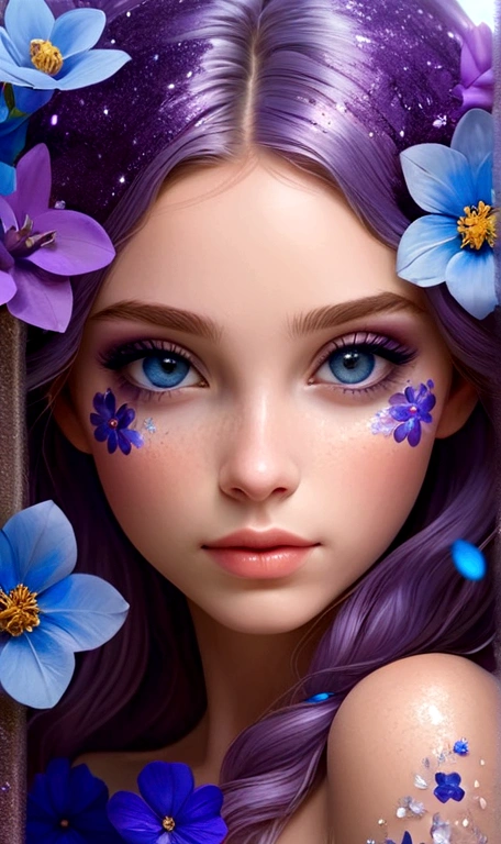 A beautiful girl with flower glitter and blue purple flowers around 