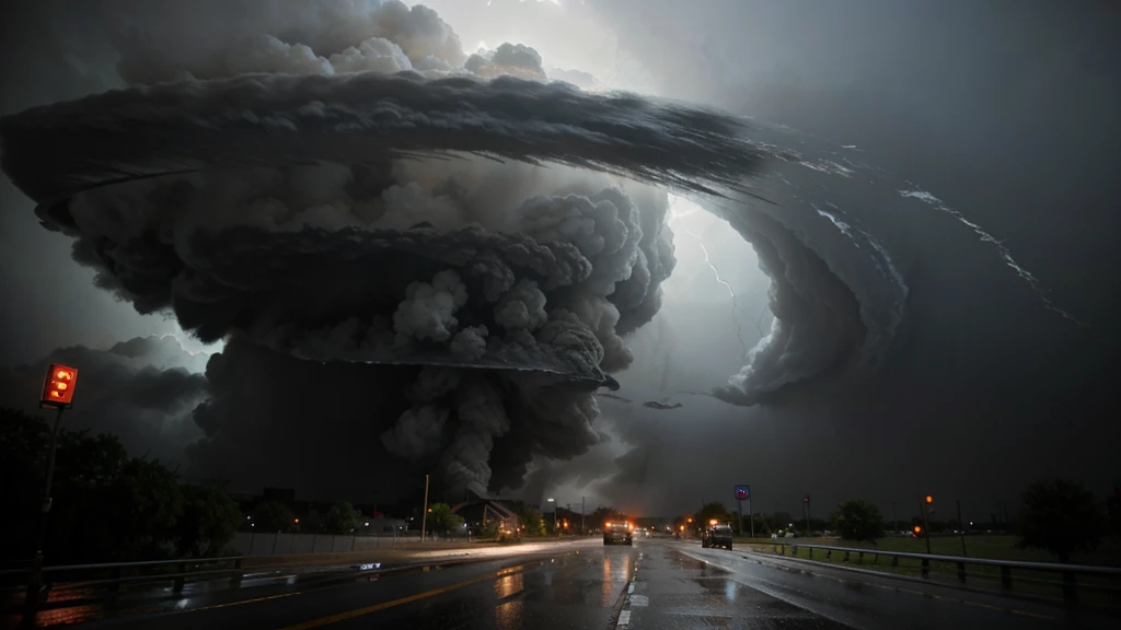 Movie scene, A tornado (storm) destroying a city and showing the road