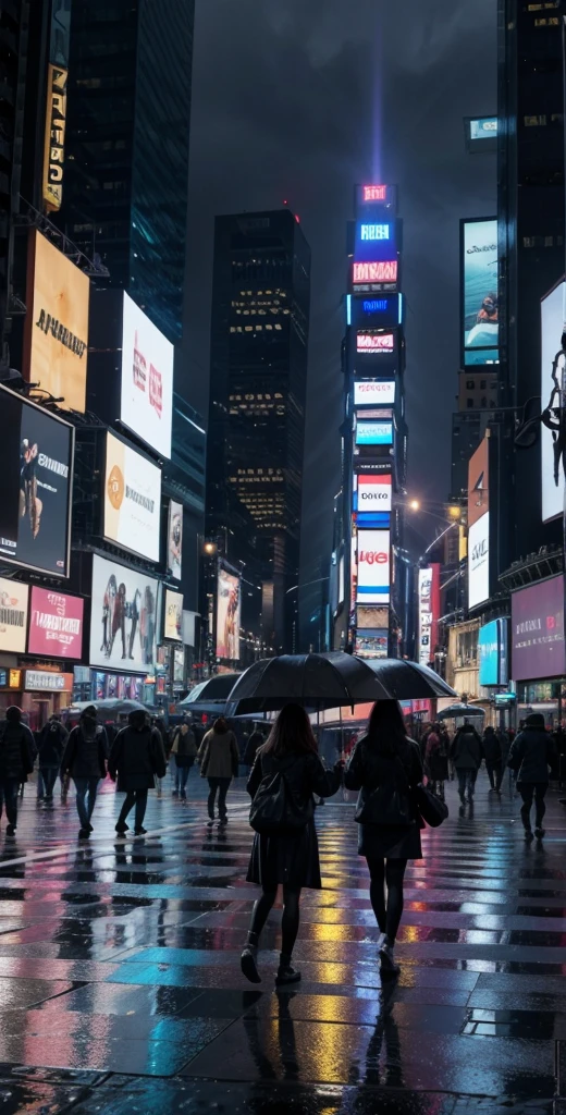 Time square, ultra realistic, hard rain, people walking