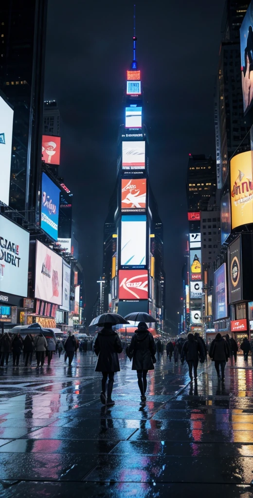 Time square, ultra realistic, hard rain, people walking