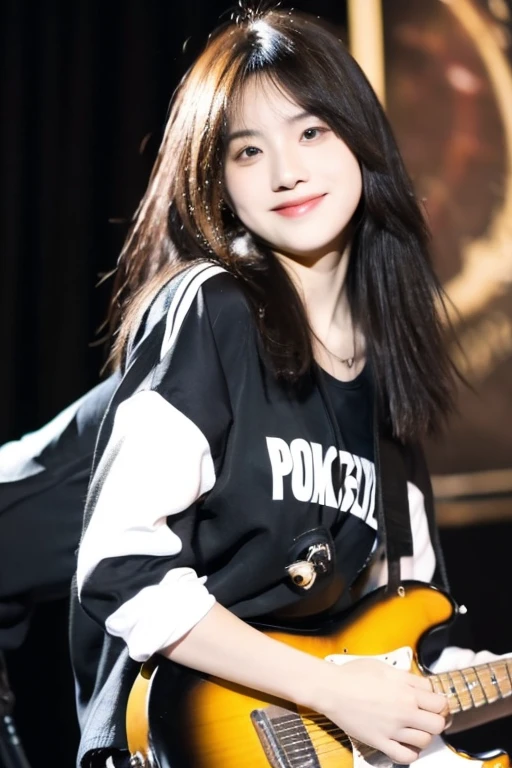 ((best quality)), ((masterpiece)), (detailed), 1girl, beautiful straight black long hair , beautiful smile ,sexy pose , standing position , rock jacket , top crop shirt , short pants , playing guitar , music studio background , rock guitar